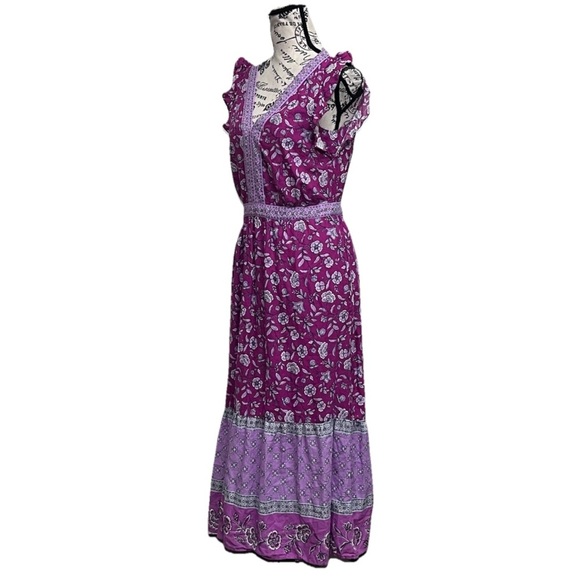 LOFT border Ruffle Midi Pocket Dress Paisley Teired Cottegecore Peasent 2 Boho - Picture 3 of 10